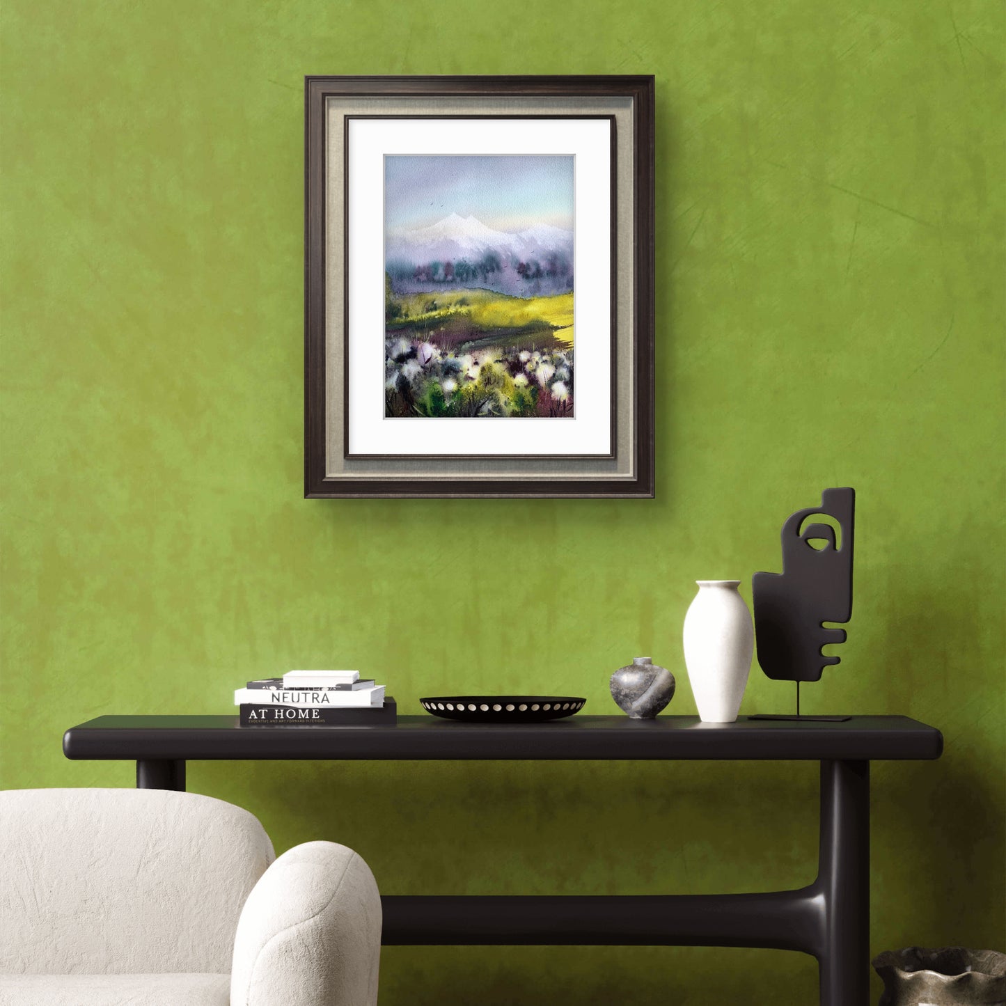 Cotton Field Painting Watercolor Original, Abstract Mountain Landscape, Flowers and Mountains #2 9x12