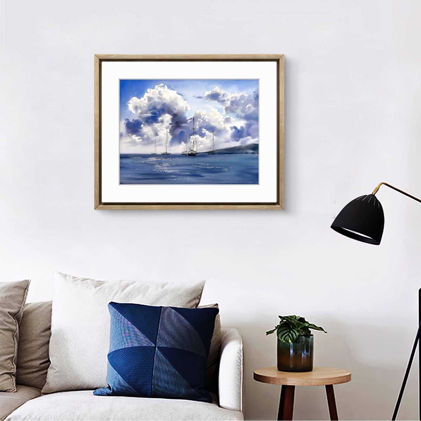Original Seascape Watercolor Painting, Sailing Yachts Wall Art, Chasing White Clouds 12x16