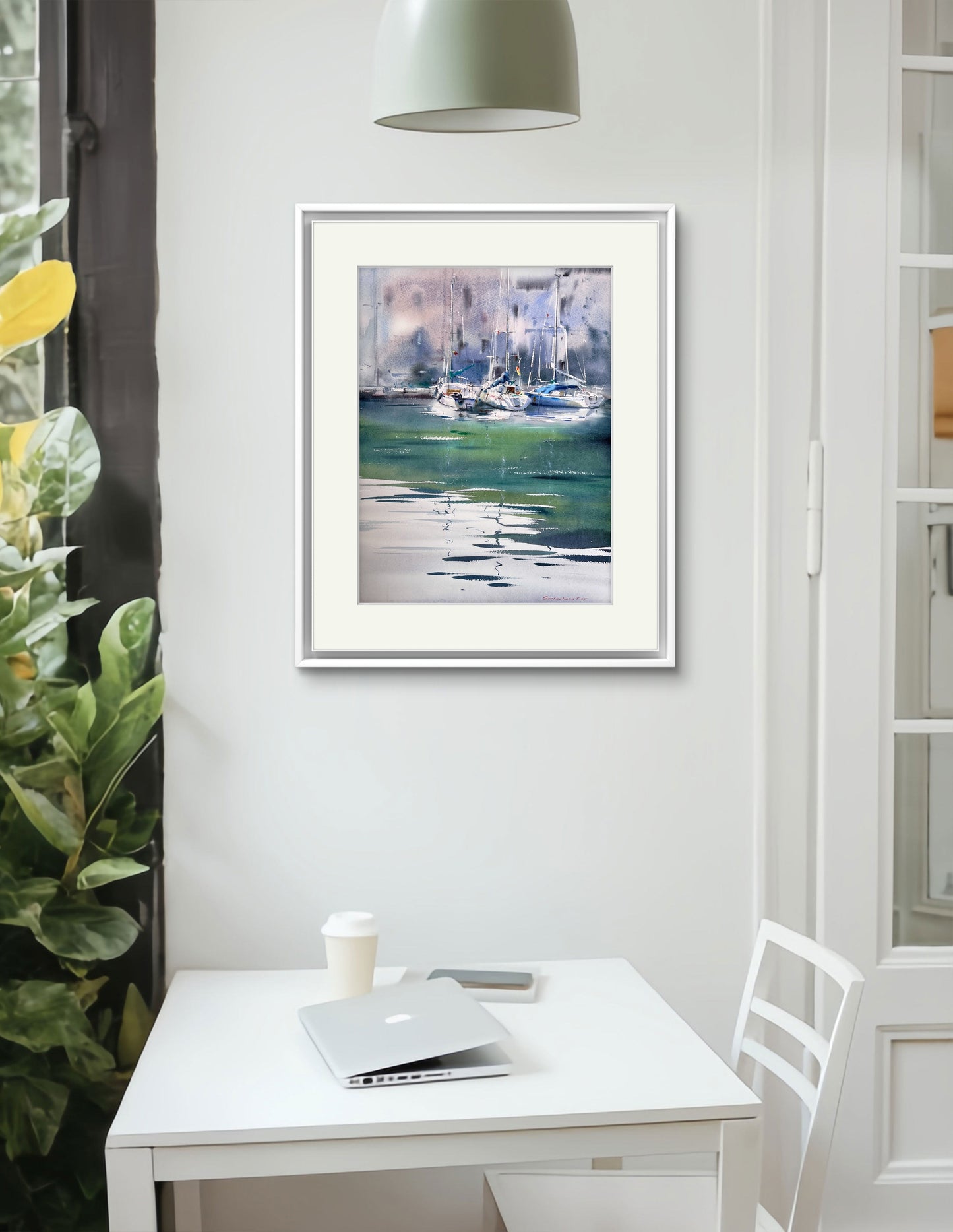 Watercolor art Original Sailboat Painting - Quiet Marina