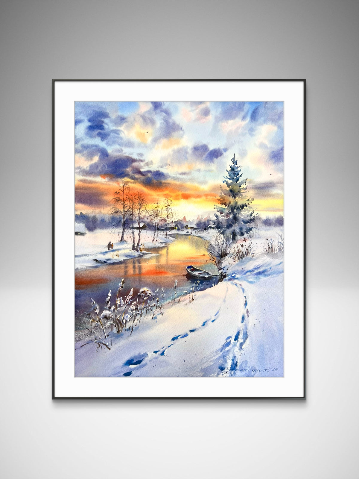 Winter River Watercolor Painting, Snowy Landscape Art, Winter's Golden Breath 12x16