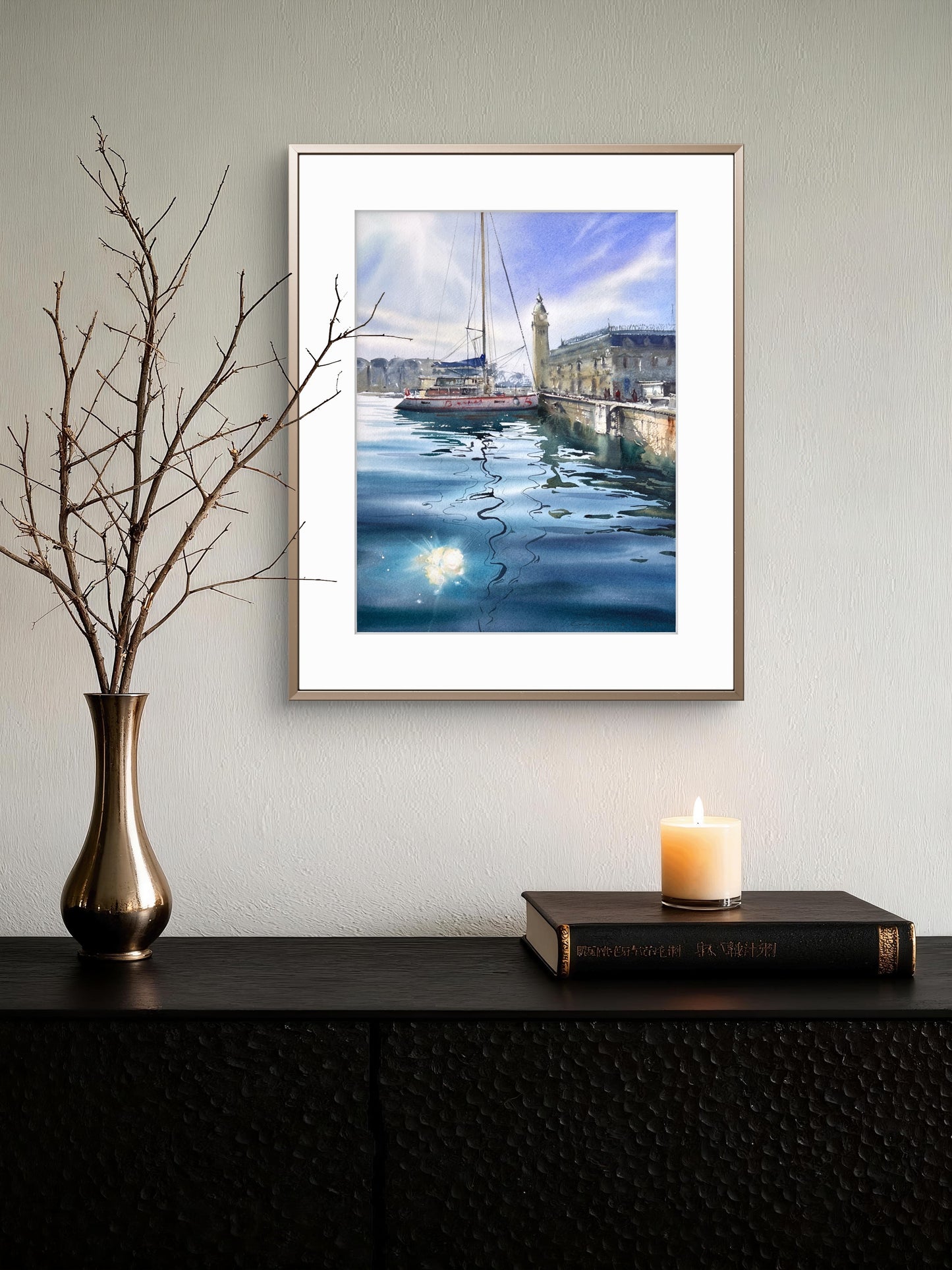 Spanish Harbor Watercolor Painting, Sailboat Marina Art, Still Waters of Spain 12x16