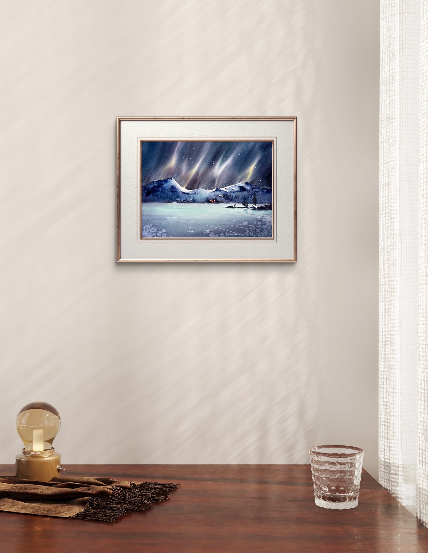 Northern lights #49 - Snowy Village Nordic Art: Cozy Red House Watercolor Painting, 9x12 in