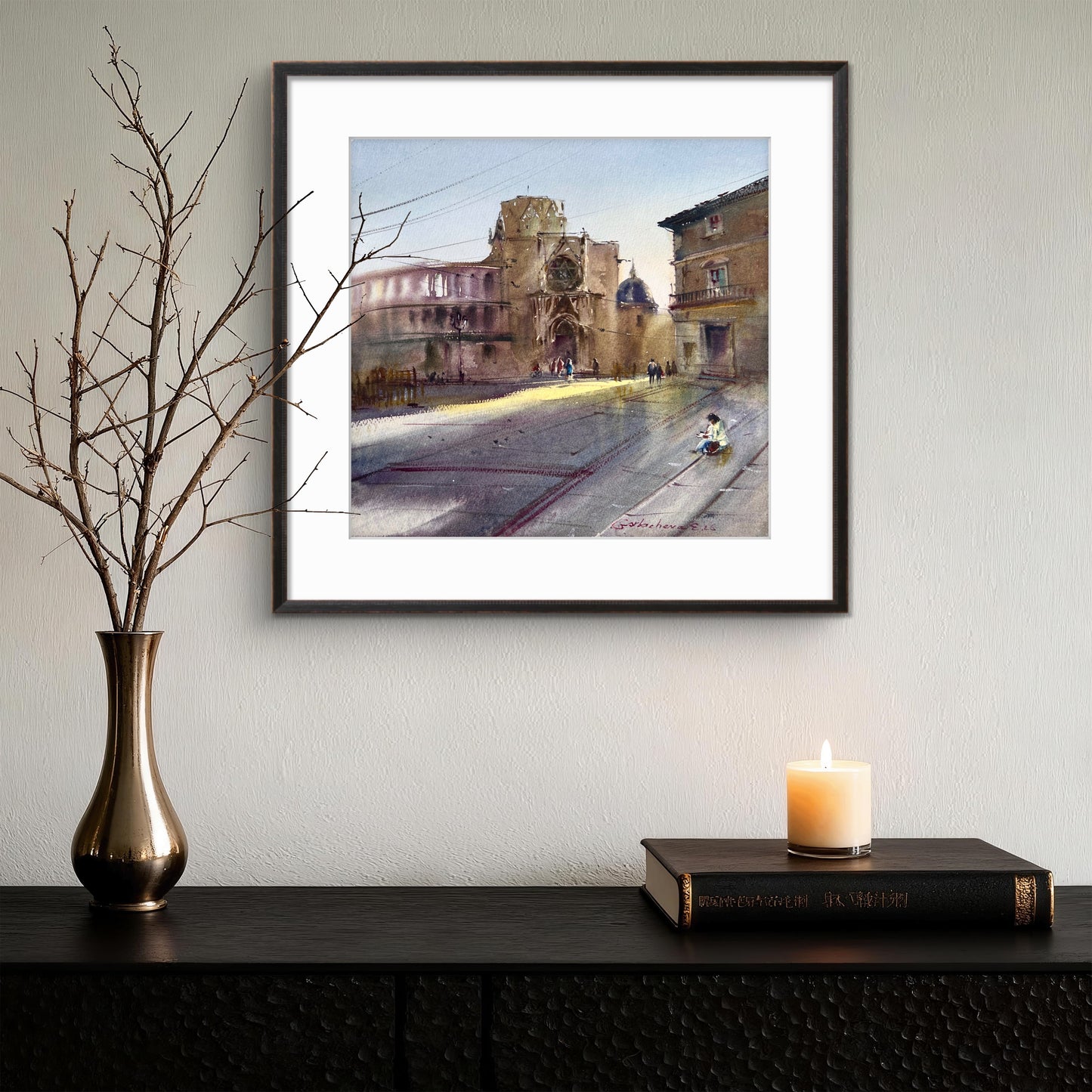 Valencia Watercolor Painting, Spain Cityscape Art, Valencia Morning Glow 14x15