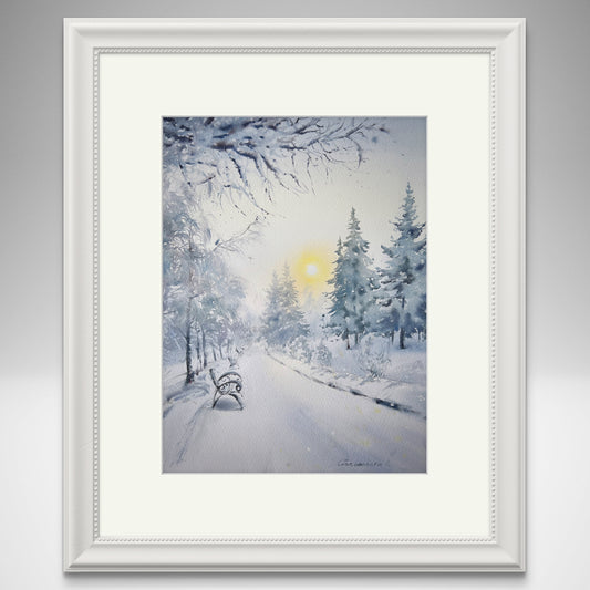 Painting Winter Dream: Cozy Bench Under the Snowy Sunlit Sky