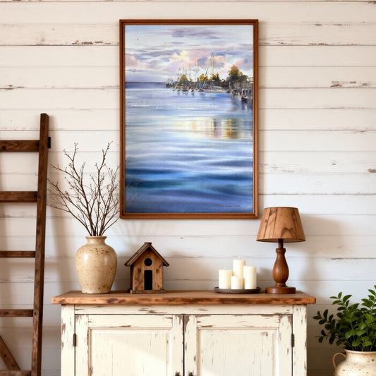Lomonosov St Petersburg Watercolor, Russian Marina Painting, Baltic Seascape, Quiet Waters of St. Petersburg 15x22
