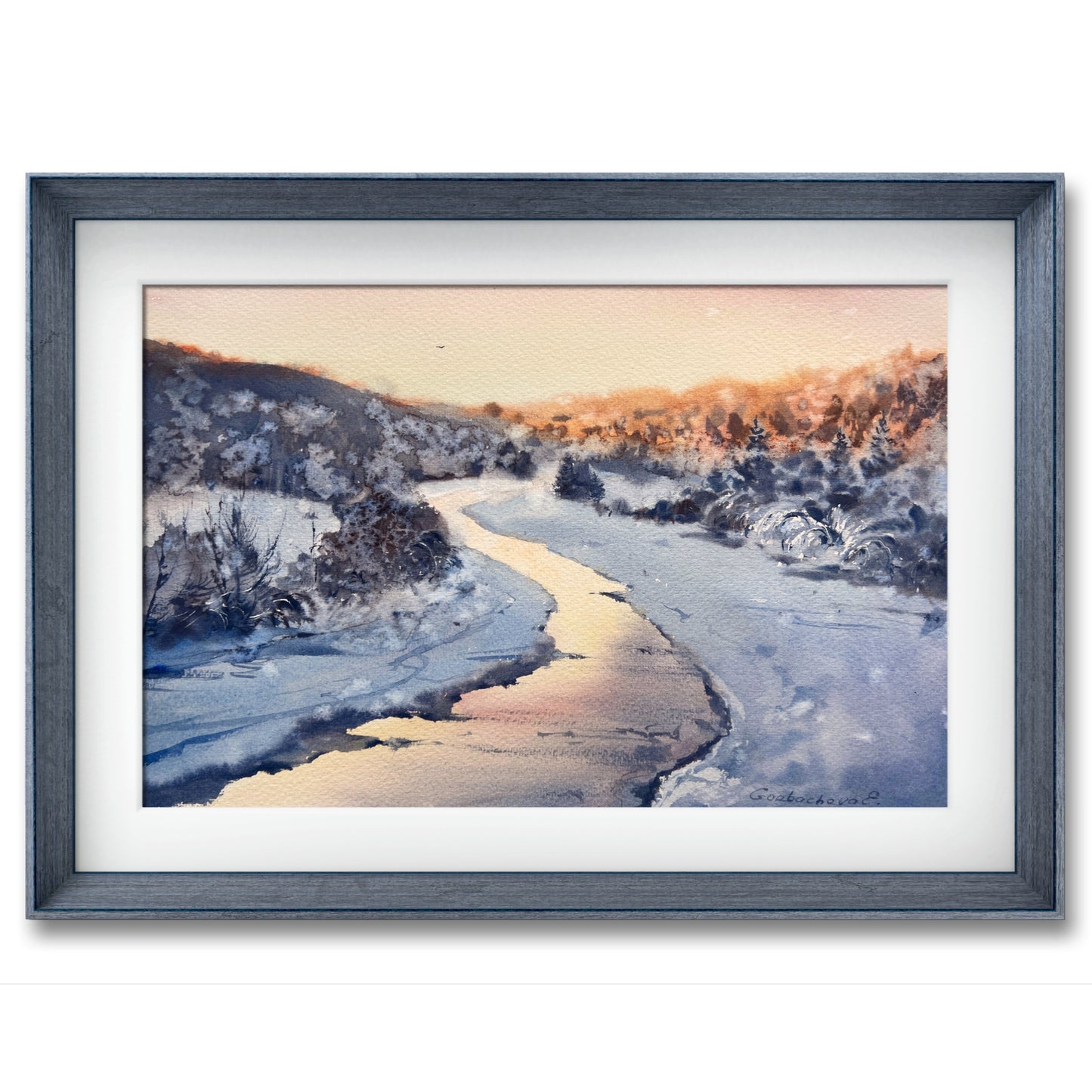 Snowy Field Painting Original, Watercolor Winter Landscape, Snowy Trees Wall Decor, Frozen River Art, Frosty Morning