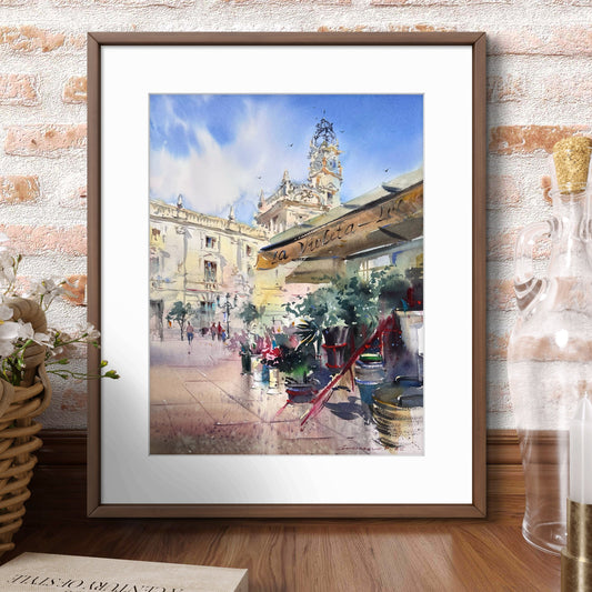 Valencia Spain Watercolor Painting, Spanish Cityscape Art, Valencia in Bloom 12x16