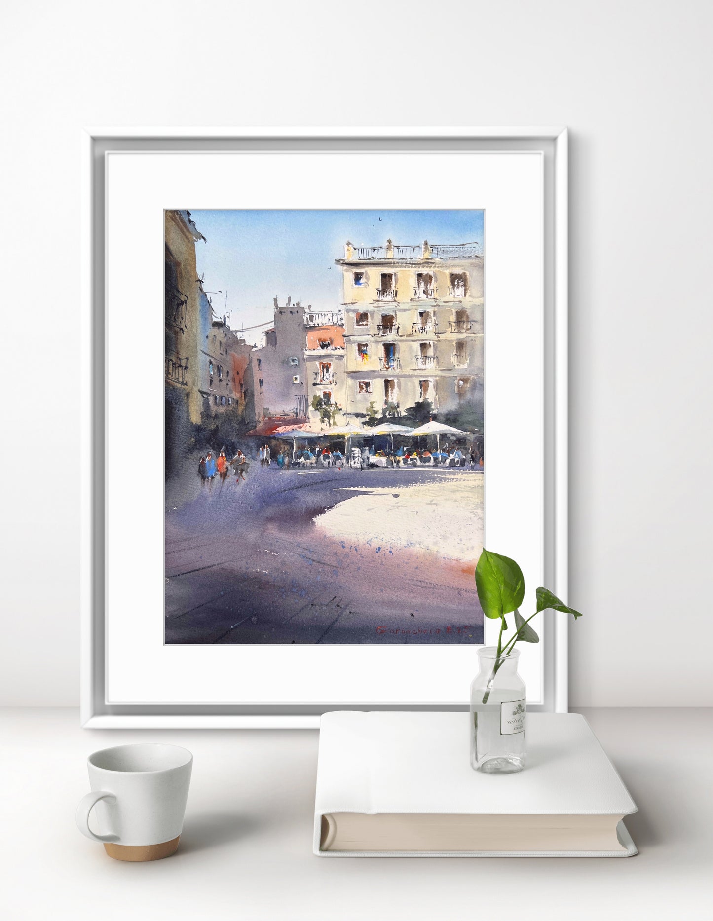 Valencia Sunlit Square – Watercolor Painting – Spain-Inspired Art – Elegant Southern Europe Home Decor