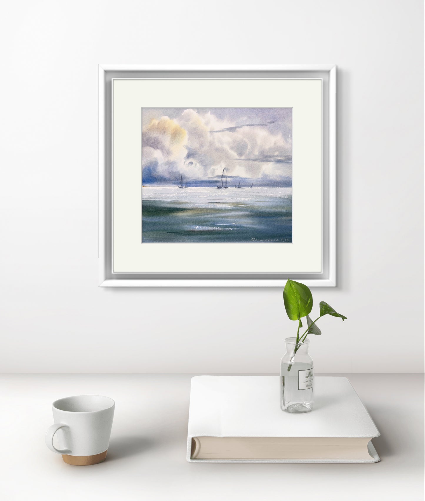 Yachts at Sea #21: Original Watercolor Artwork of Serene Seaside Scene