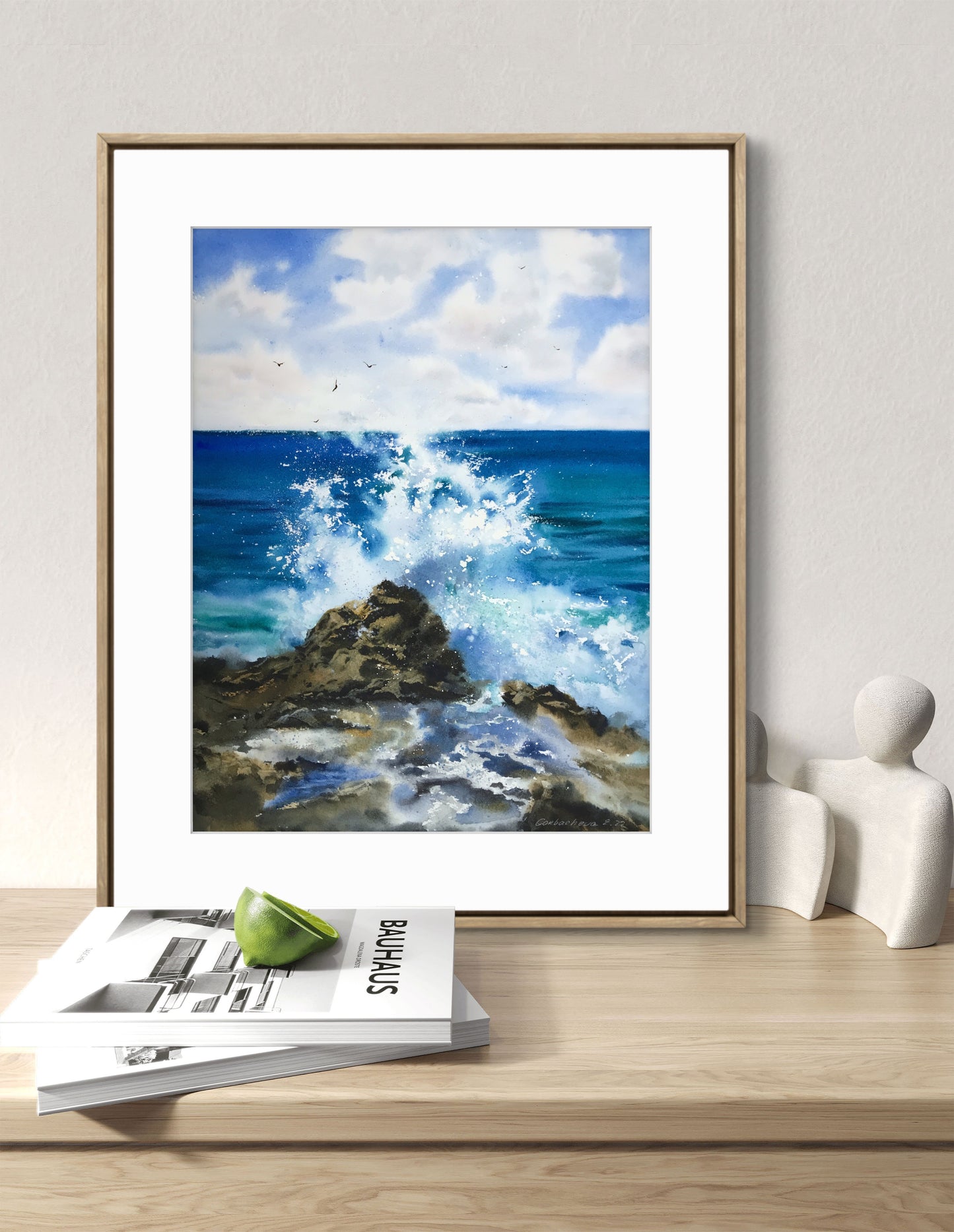 Watercolor original painting "Waves and rocks #11", 12x16