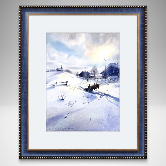 Original Watercolor Winter Landscape Painting, Horse Sleigh Art, Snowy Village Scene, An Old Winter Tale