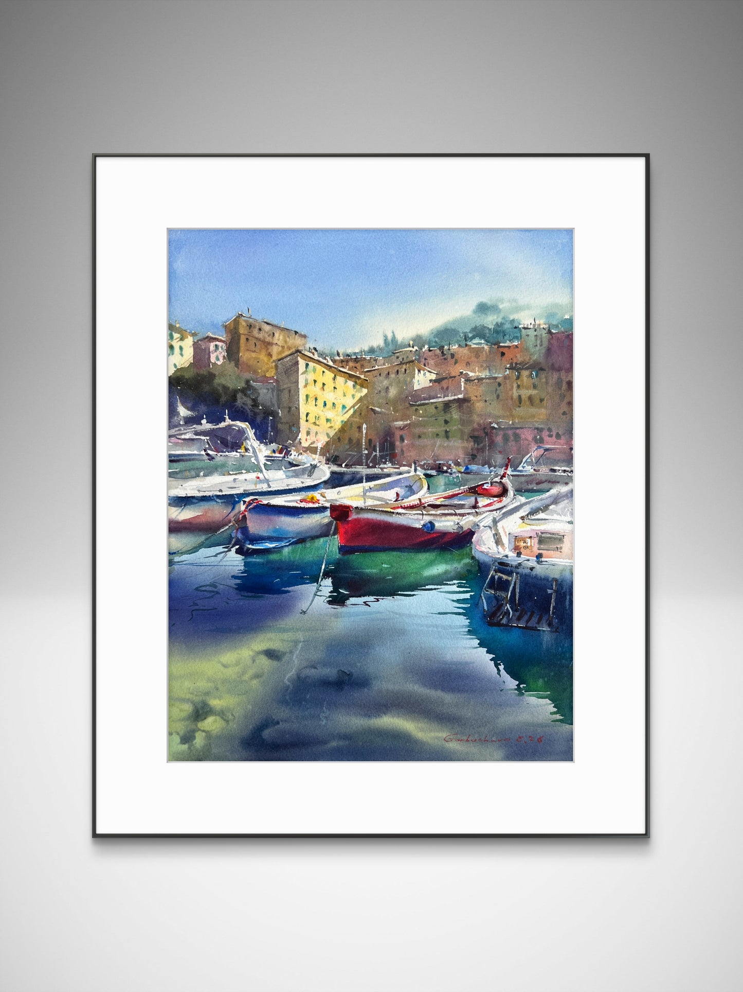 Original Camogli Italy Watercolor Painting | Italian Harbor Seascape | Morning in Camogli #2 12x16