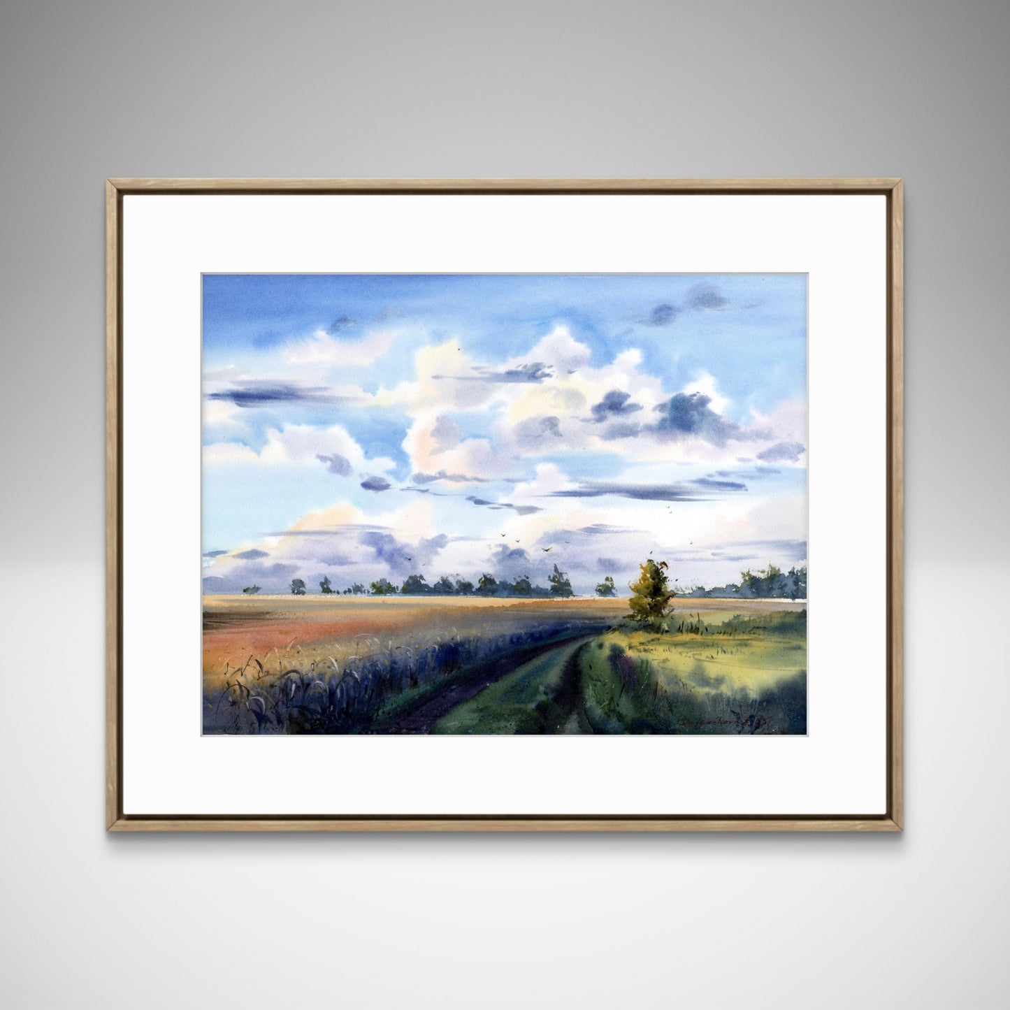 Russian countryside watercolor landscape, Rural field road, Sky clouds painting, Silent Field Road 12x16