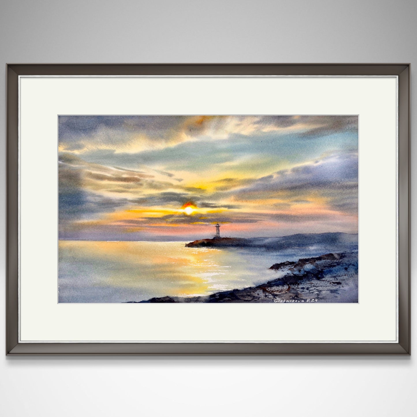 Coastal Lighthouse Painting Watercolour Original, Seascape Sunrise Art - Lighthouse at sunset