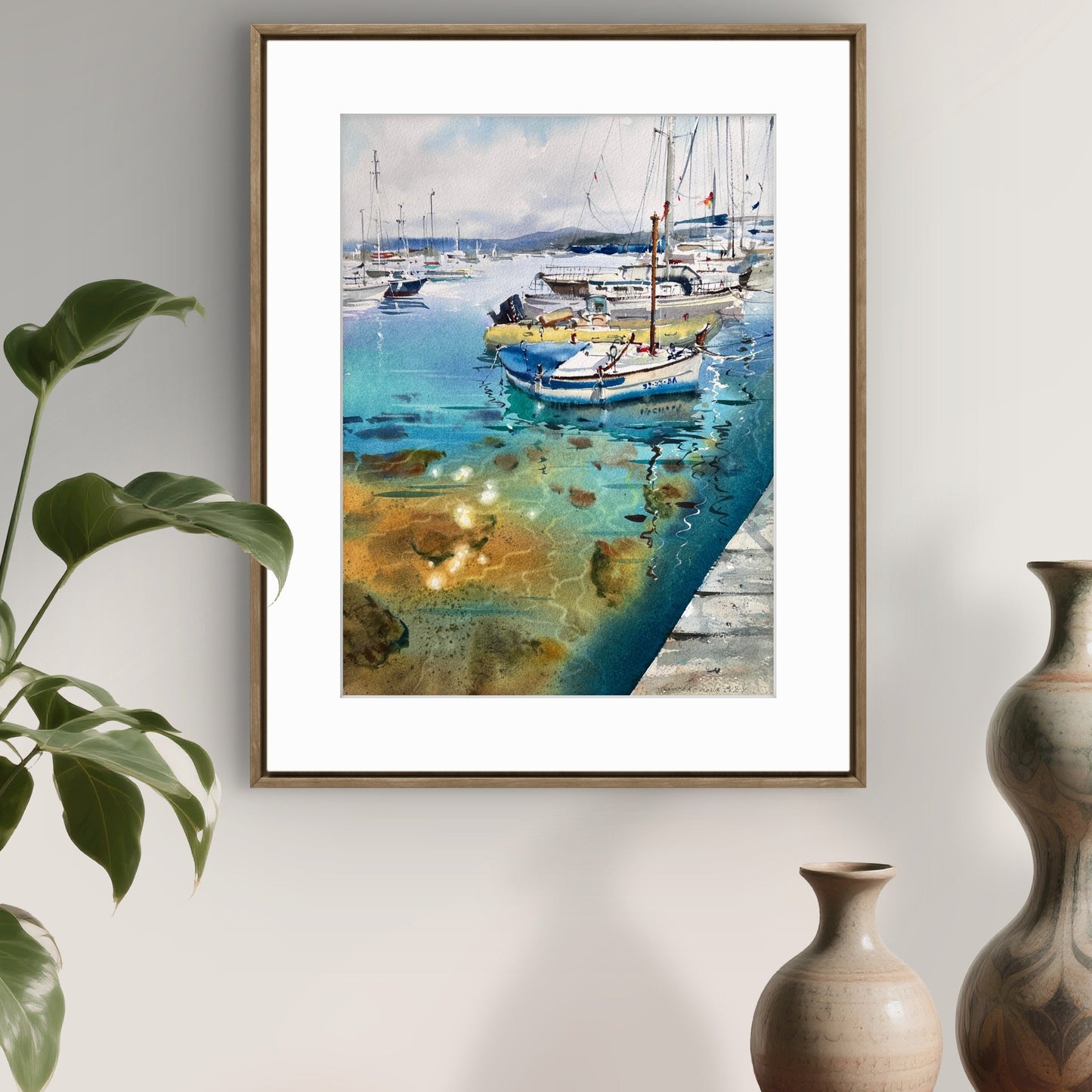 Original Watercolor Harbor Painting, Coastal Boats Art, Yachts at anchor #20 12x16