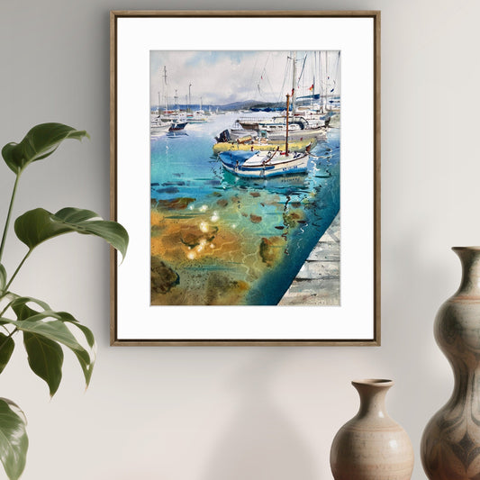 Original Watercolor Harbor Painting, Coastal Boats Art, Yachts at anchor #20 12x16