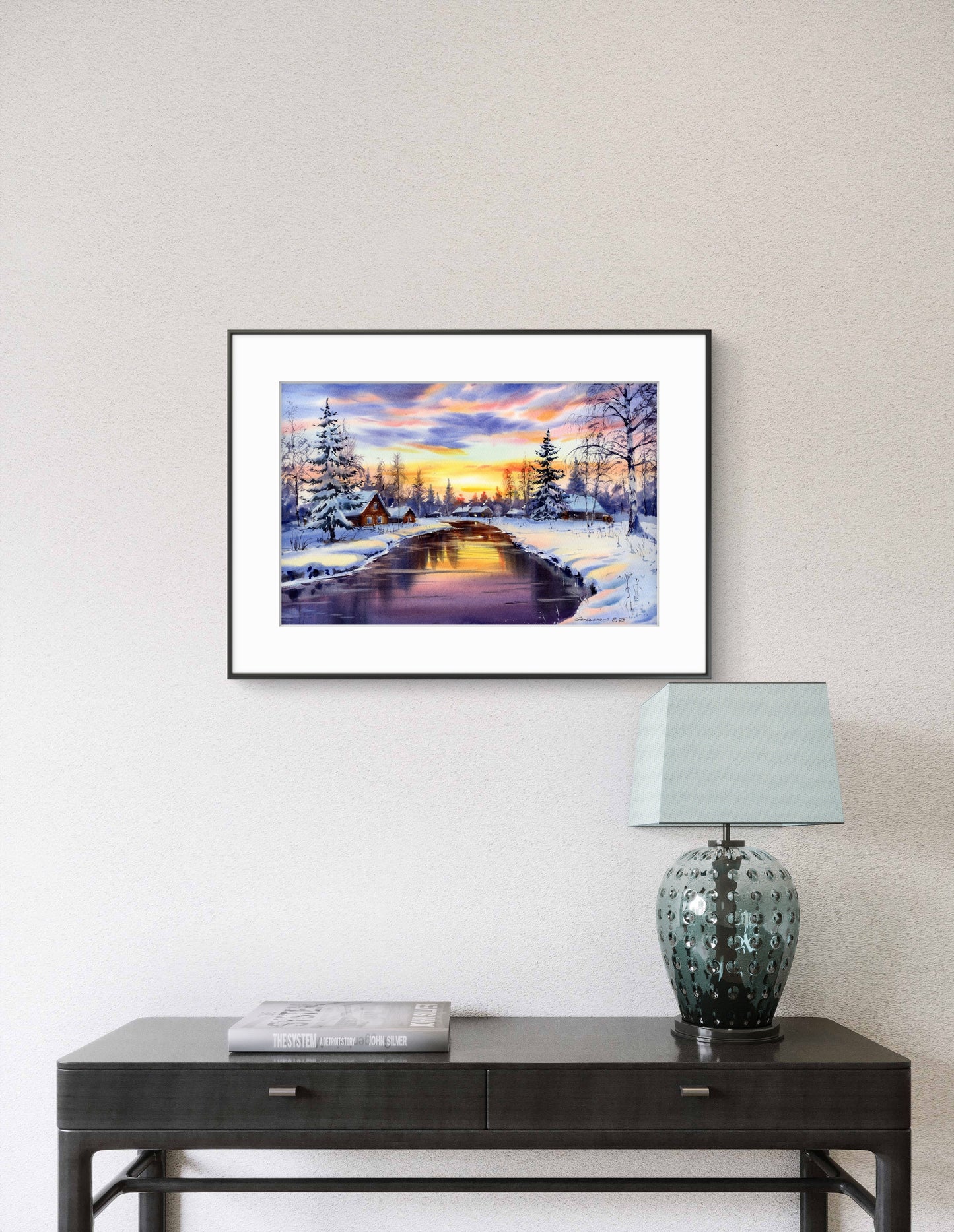 Watercolor Winter Landscape Original Painting | Snowy Sunset River Art 16x10 | Whispers of Winter Sunset