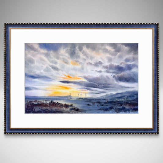 Ocean Original Watercolor, Cloud Painting, Horizontal Seascape, Minimalist Coastal Wall Art, Blue Beach House Decor