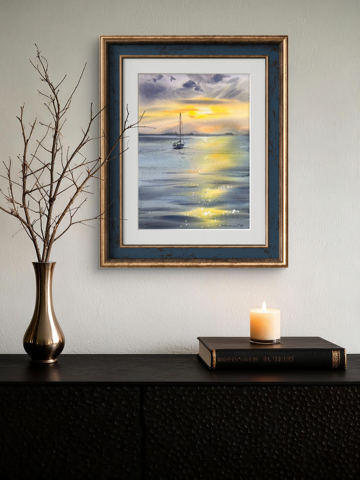 Sunset Sailboat Watercolor, Golden Sea Painting, Yacht in Golden Light 9x12 in