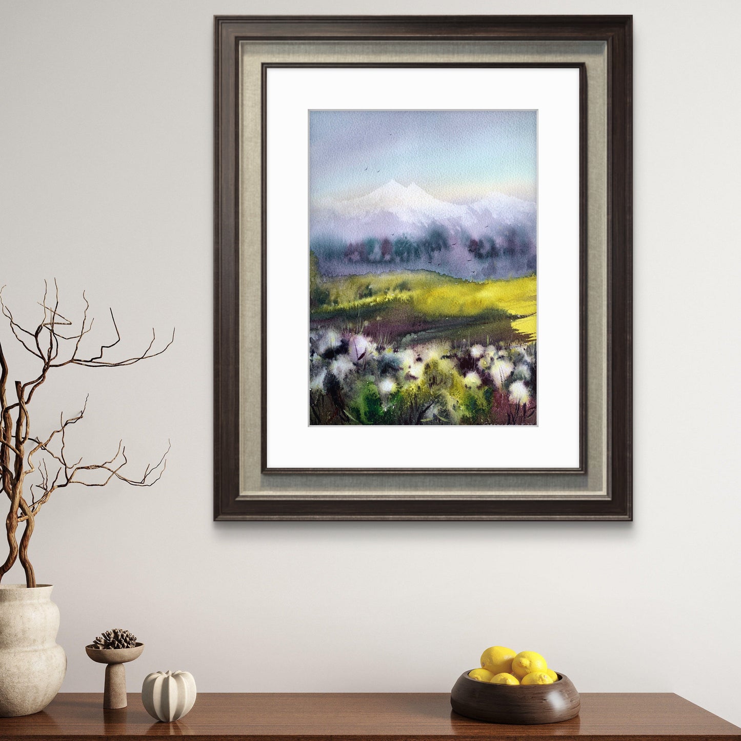 Cotton Field Painting Watercolor Original, Abstract Mountain Landscape, Flowers and Mountains #2 9x12