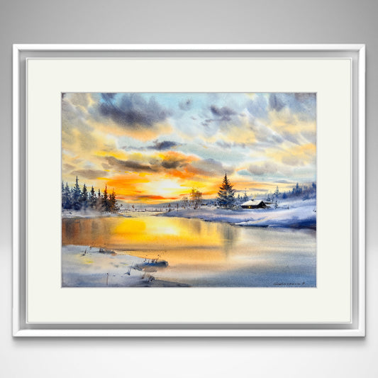 Winter Village Sunset - Original Watercolor Painting of a Snowy Landscape