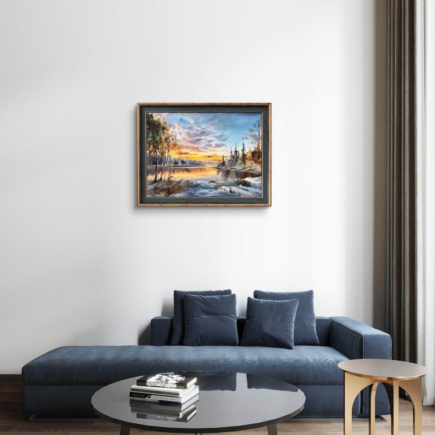 Winter Sunset Watercolor Painting, Snowy Lake Landscape Art, Sunset on the Ice