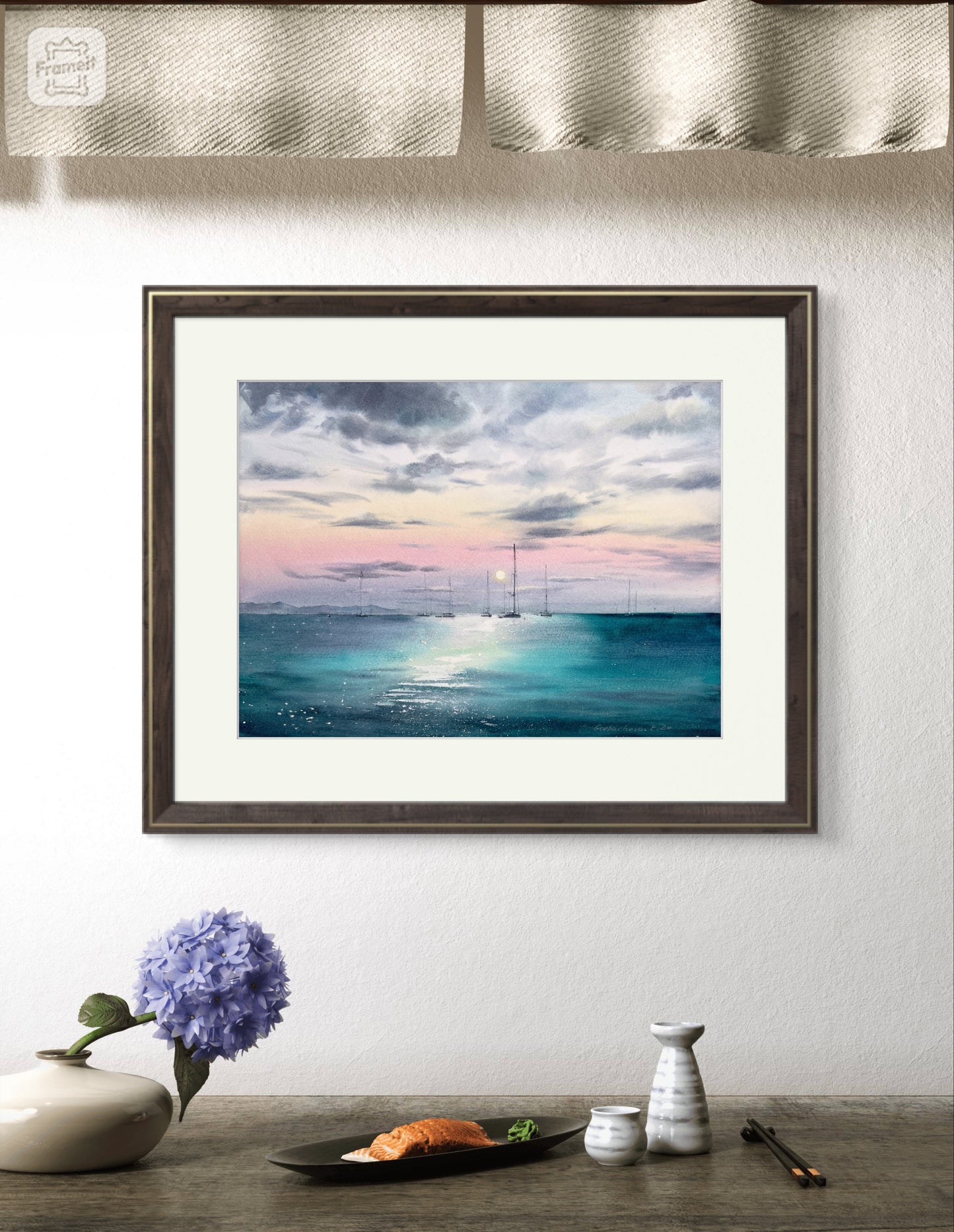 Original Seascape Watercolor Painting - Yachts at sunset #14
