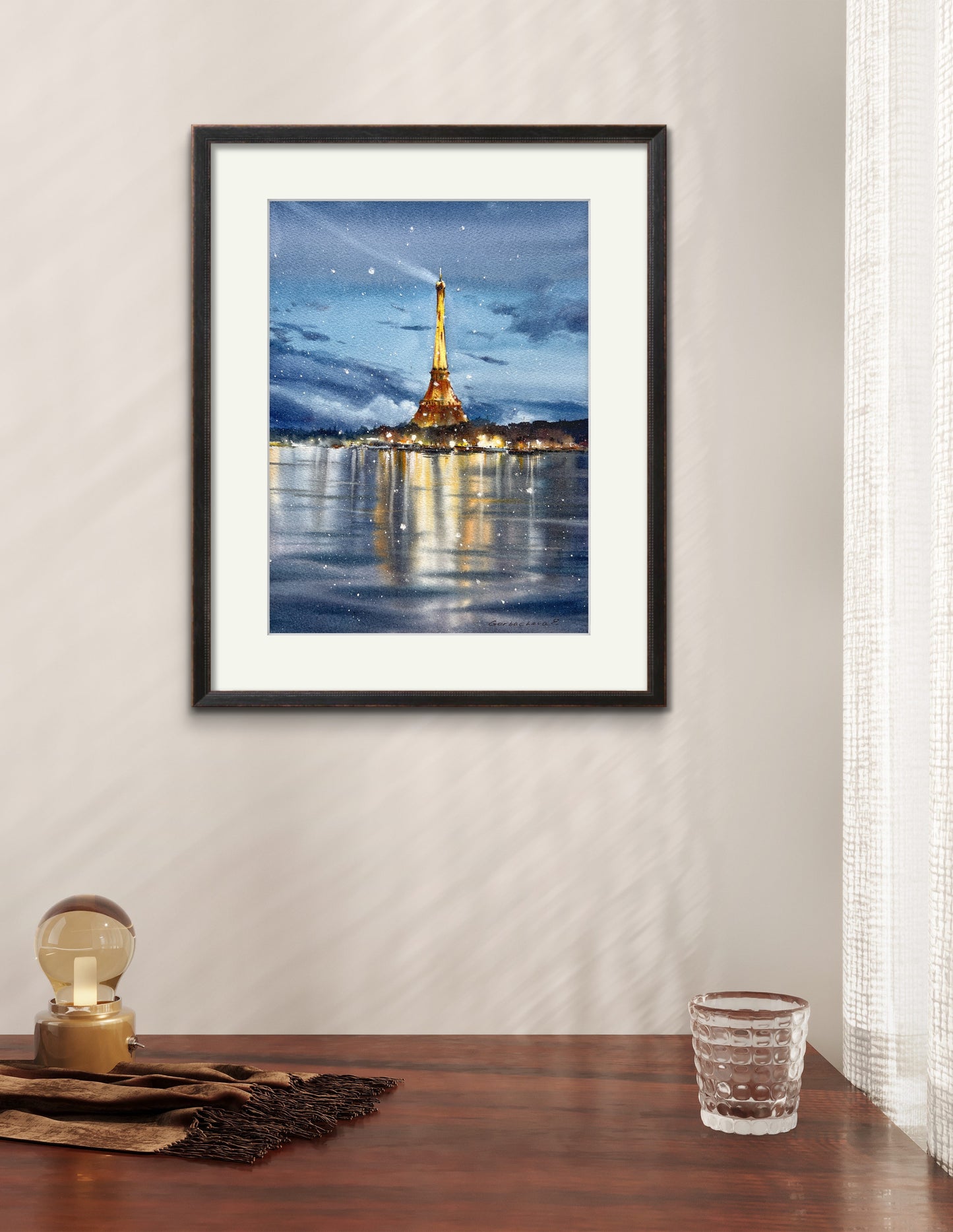 Winter Wonderland: Watercolor Eiffel Tower Painting - Paris Night Scene