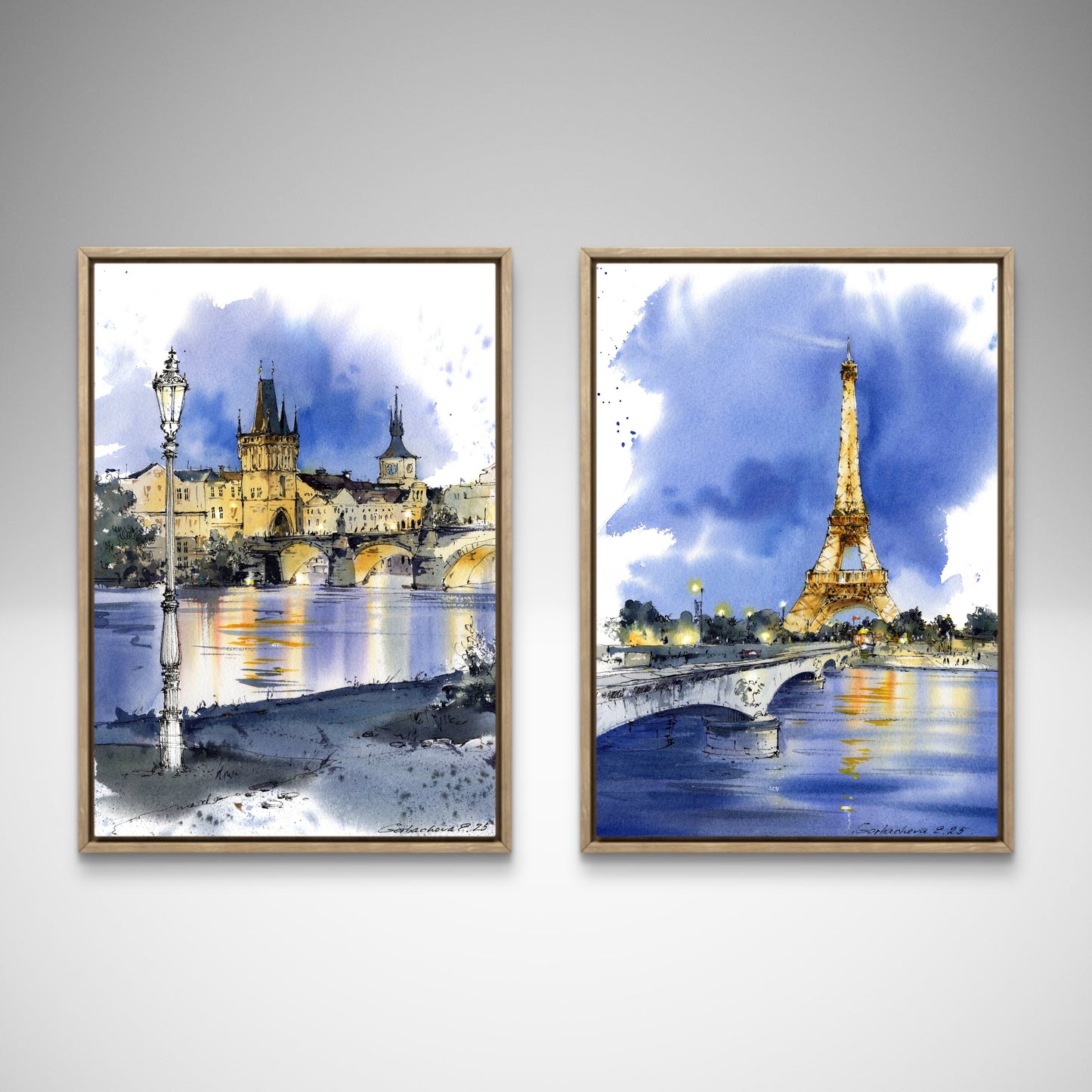 Charles Bridge Prague Watercolor Painting, Old Town Tower Art, Golden Prague Echo 9x12 in