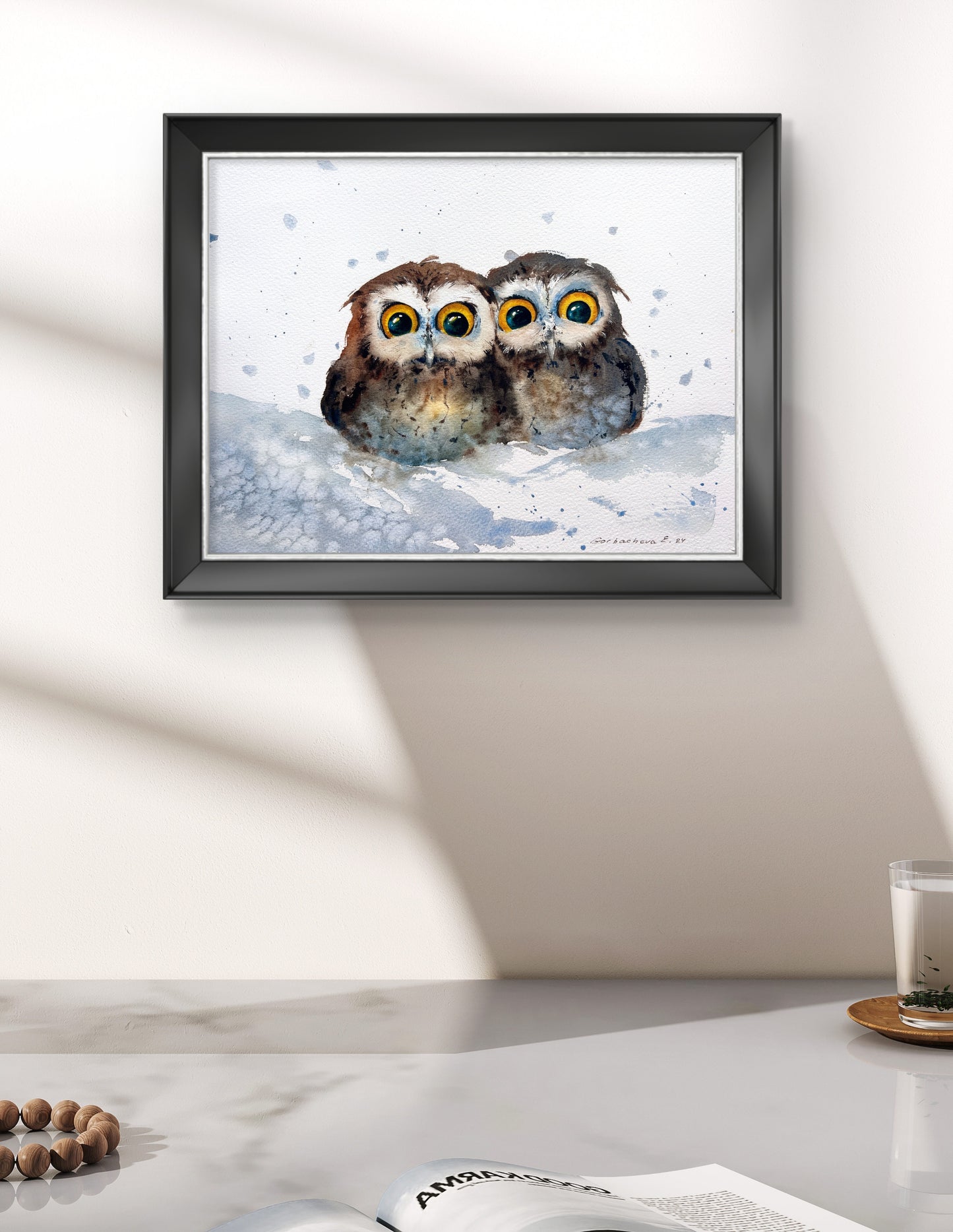 Whimsical Owl Duet in Snow - Unique Watercolor Painting