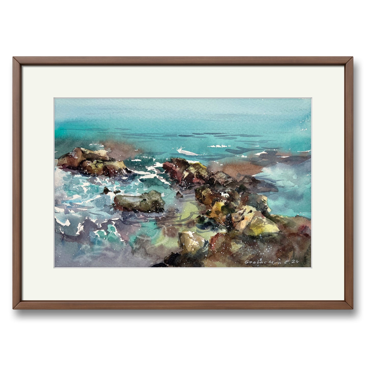 Watercolor Original Painting, Seascape Artwork - Waves and rocks #17