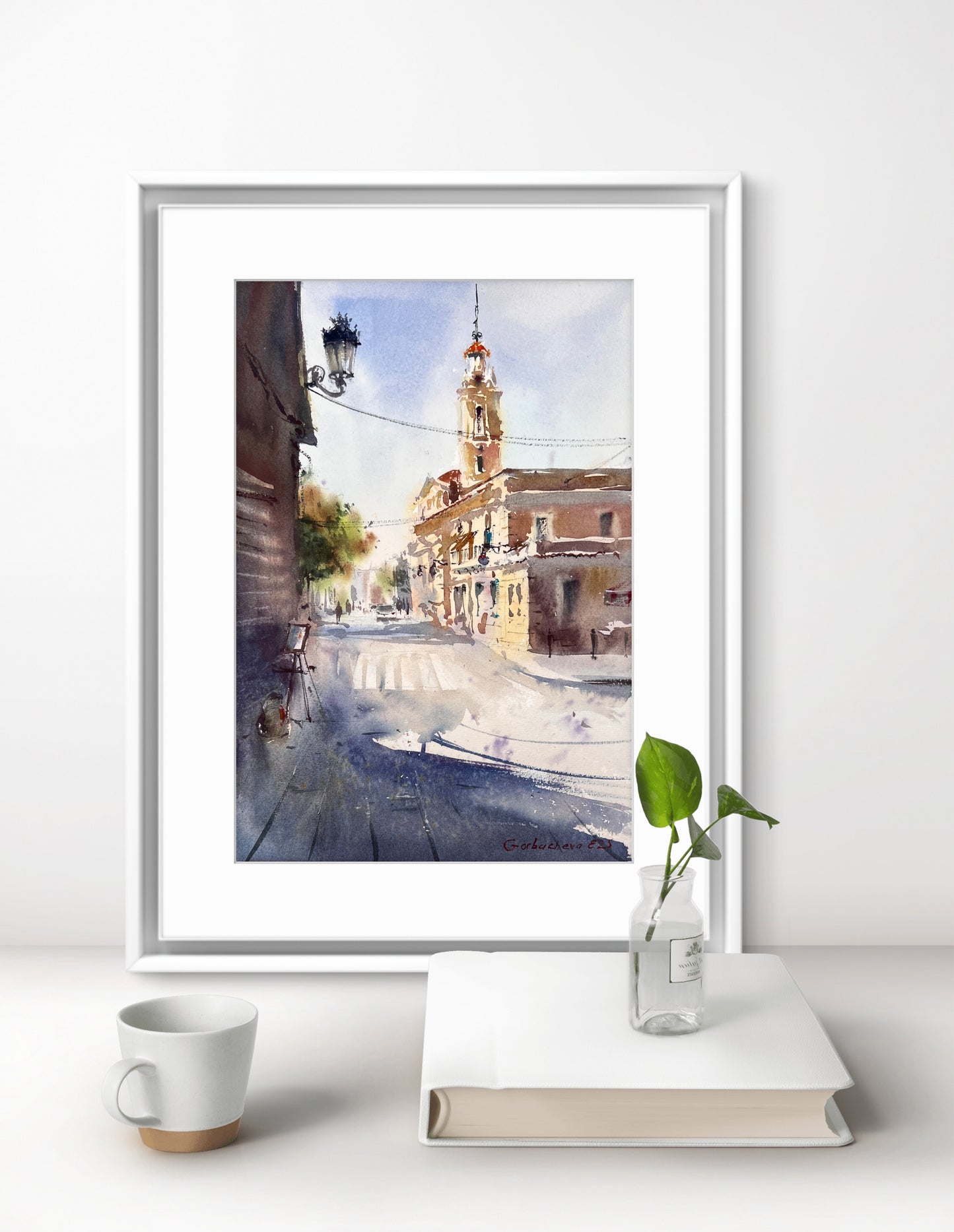 Valencia Sunlit Square – Watercolor Painting – Spain-Inspired Art – Morning Stillness in Valencia #2 8x12 in