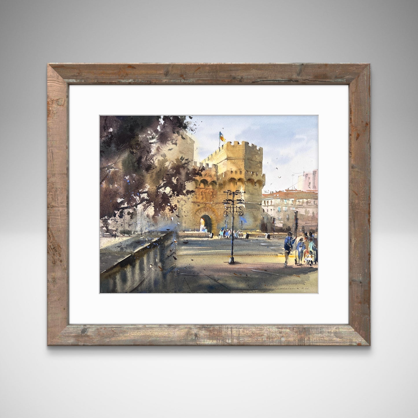 Valencia Watercolor Painting, Spanish Cityscape Art, Golden Gate Valencia 13x15 in
