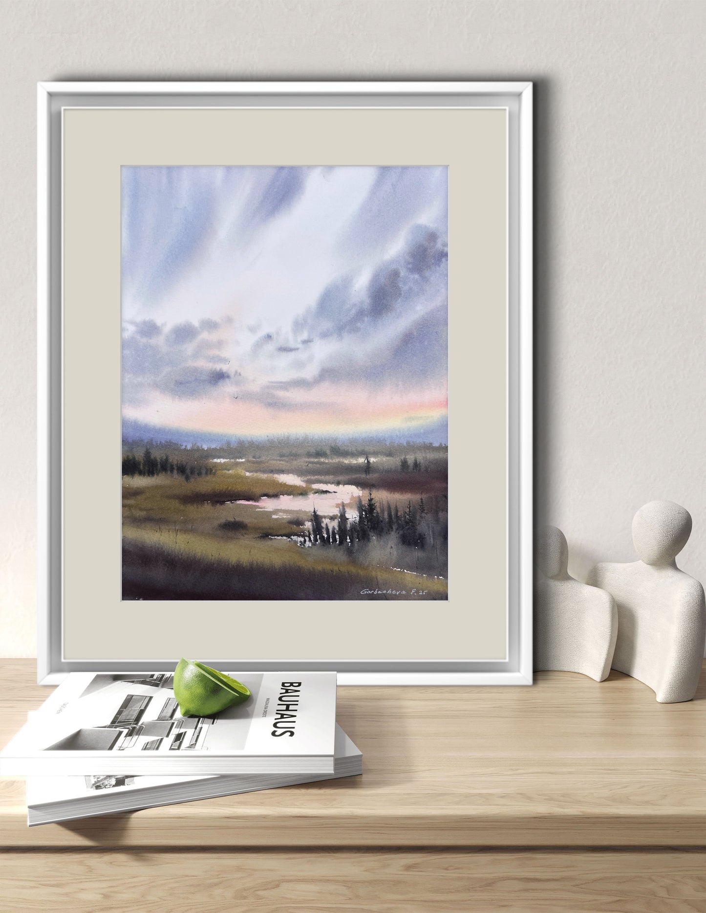 Original Marsh Sunset Watercolor Painting, Misty Dawn 9 x 12 in