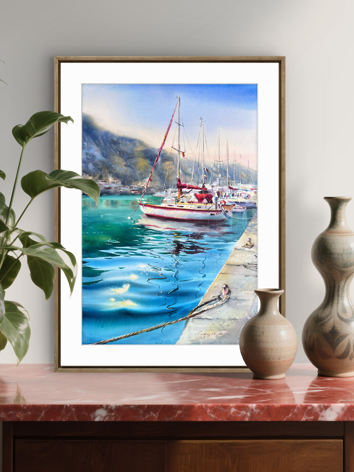 Sailboat Watercolor Painting, Coastal Marina Artwork, Waiting for the Wind #2 15x22 (Copy)
