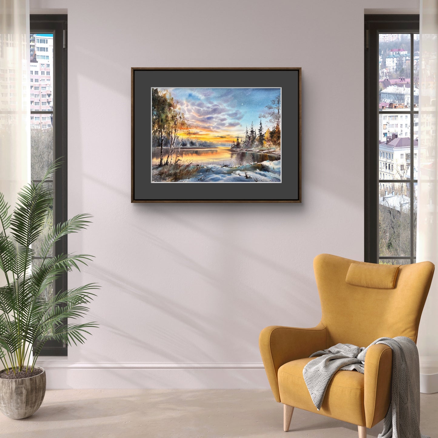 Winter Sunset Watercolor Painting, Snowy Lake Landscape Art, Sunset on the Ice