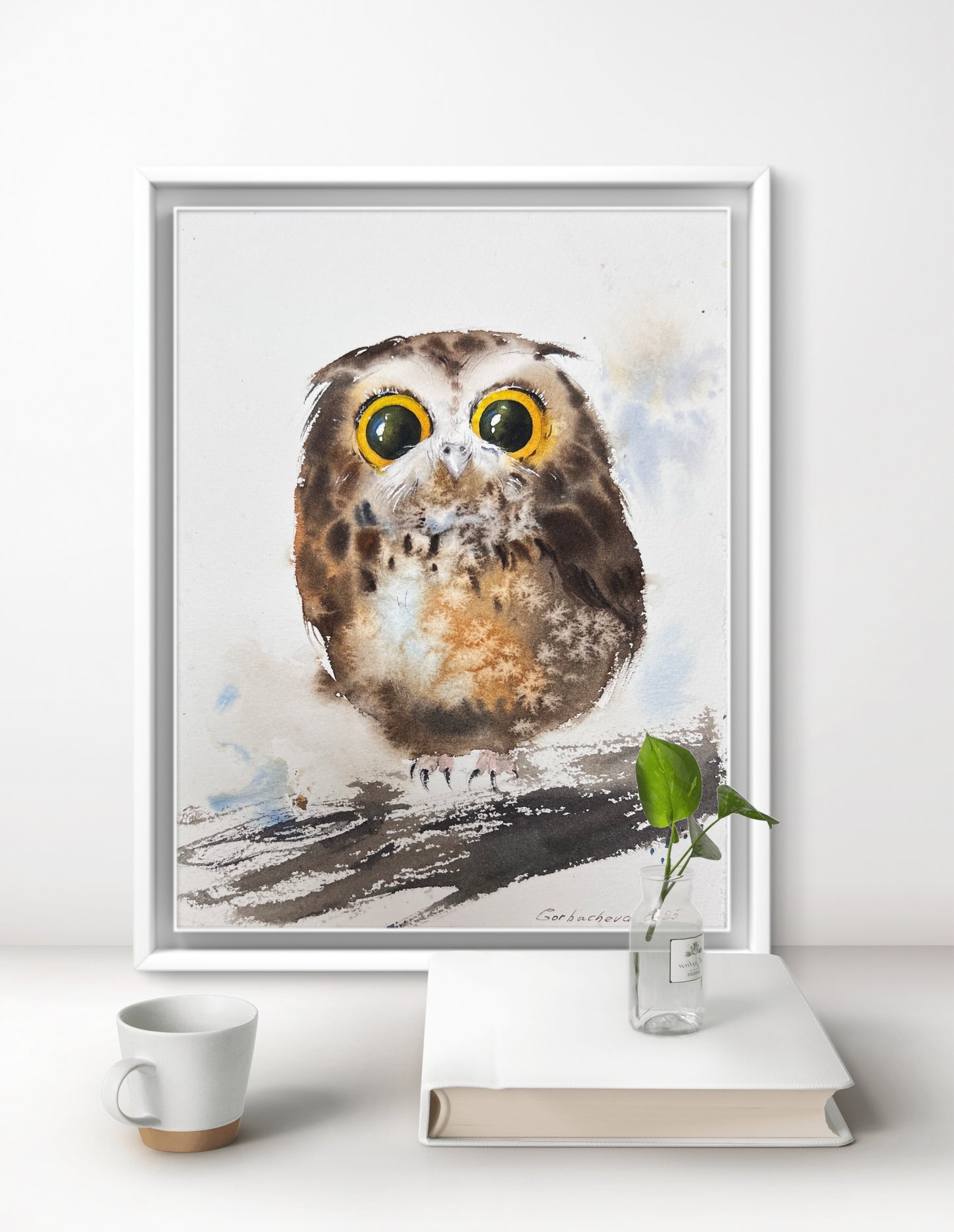 Original Watercolor Painting Tiny Owl, Cute Baby Owl Art, Amber-Eyed Owlet 8 x 10 in