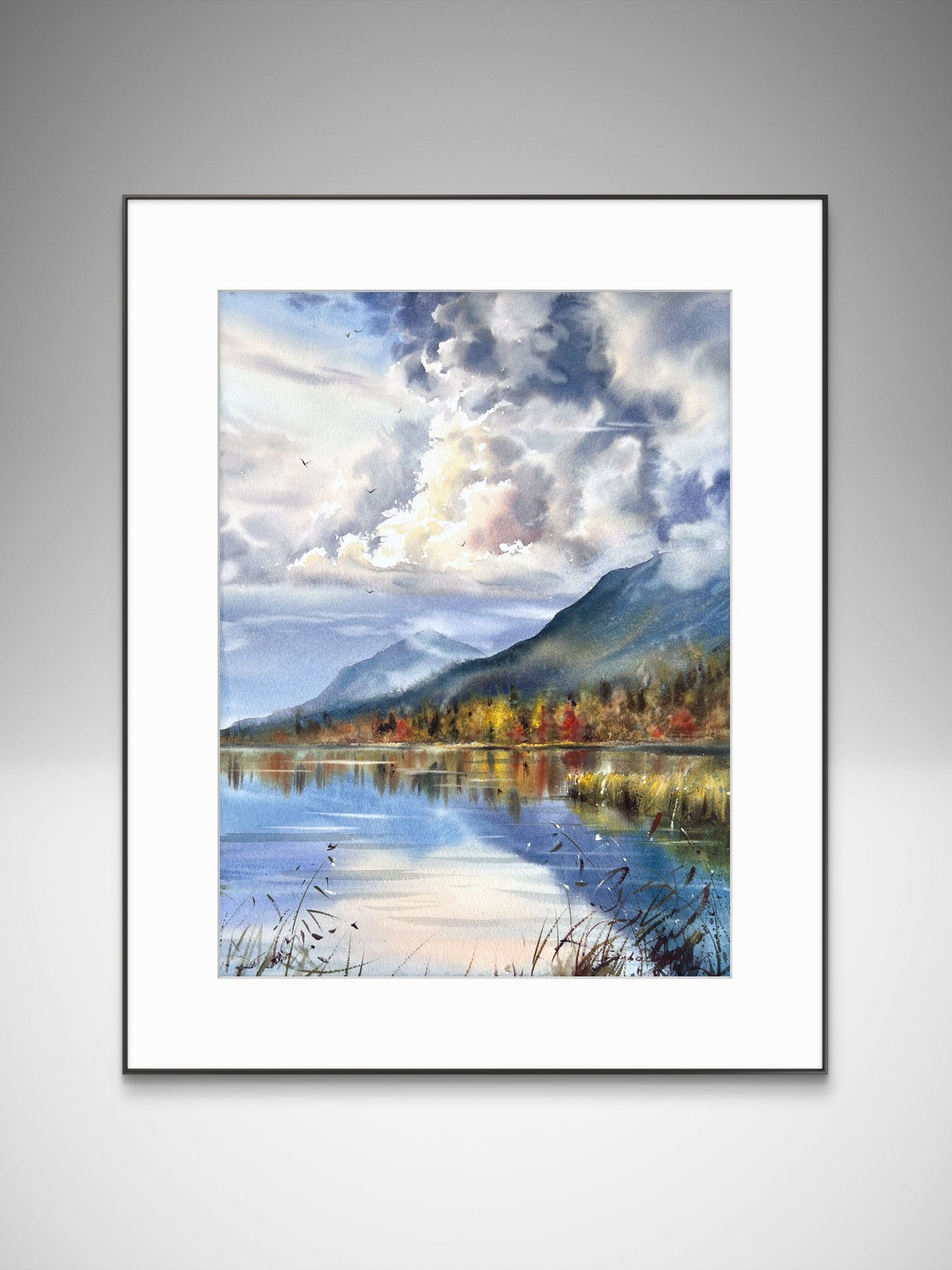 Mountain Lake Watercolor, Autumn Landscape Painting, Autumn Light on the Lake 12x16 in