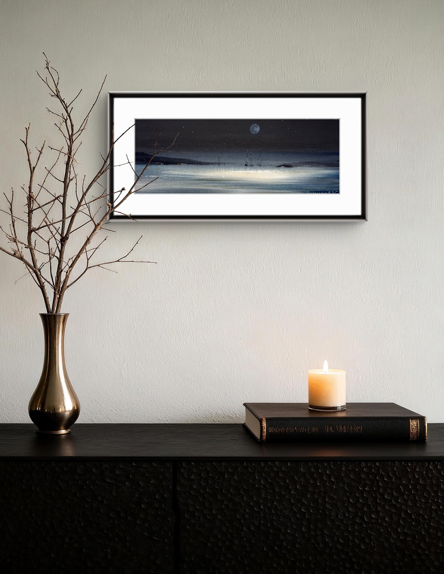 Original Watercolor, Night Seascape Painting, Serenity Under the Moon 6x15 in