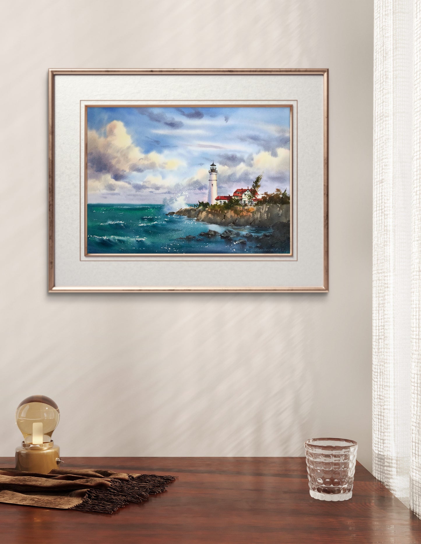 Watercolor Original Painting - Before the storm, Lighthouse #2 - 18x14 in