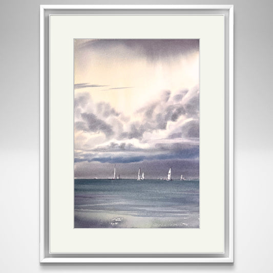 Yachts at Sea #22 Watercolor - Sailboats and Cumulus Clouds Artwork