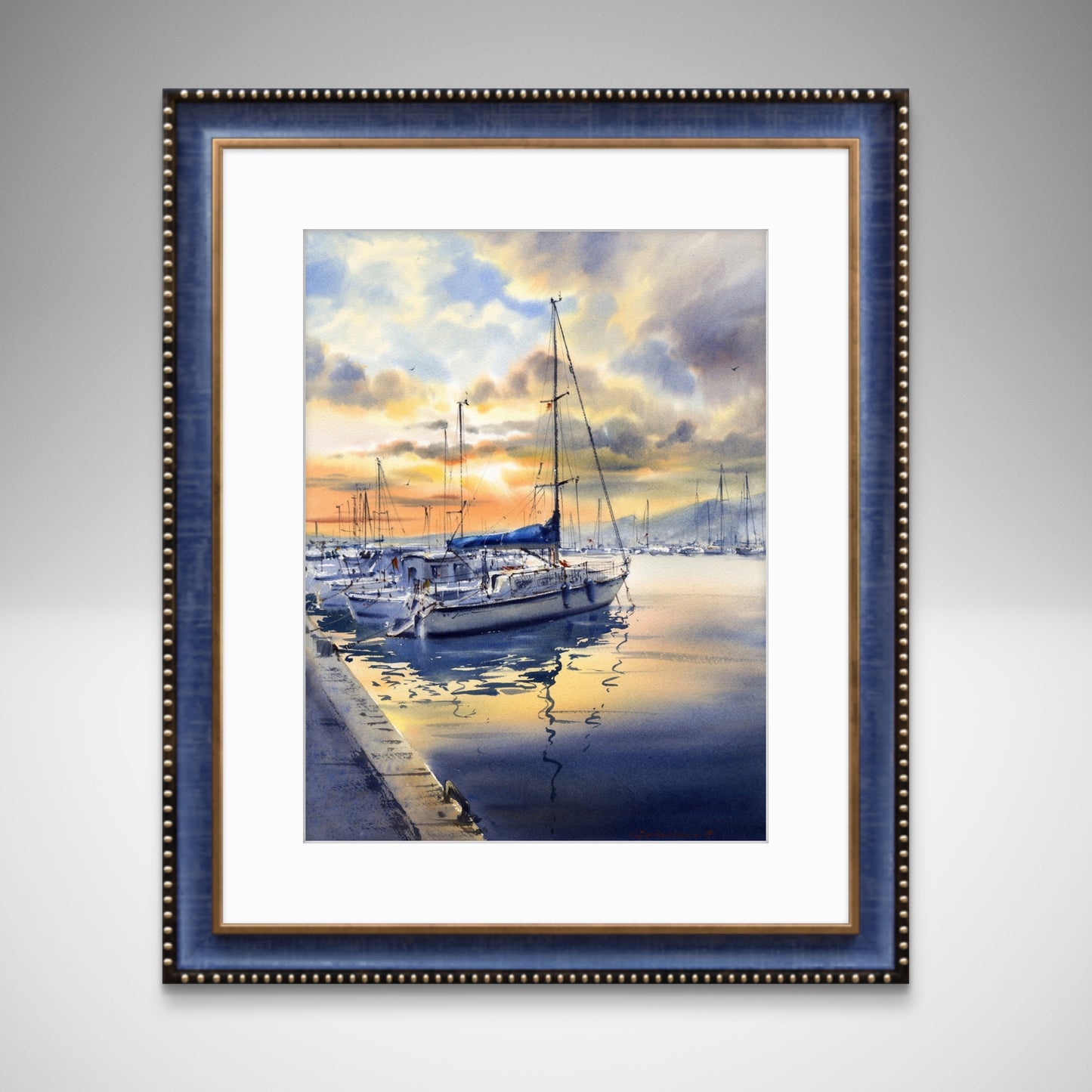 Sailboat Watercolor Painting Original Marina Sunset, Golden Hour at the Pier 12x16