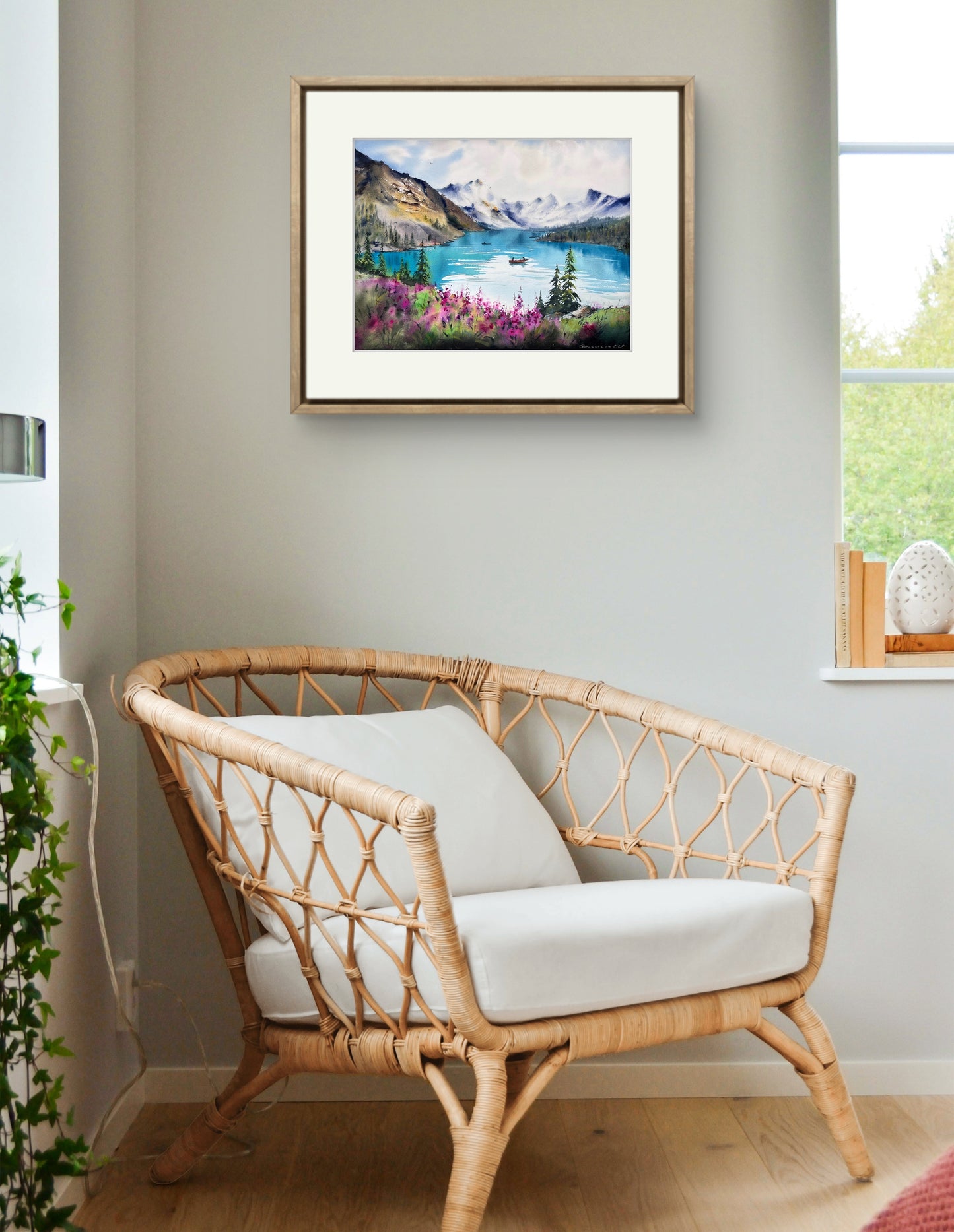 Watercolor Mountain Lake Art, Horizontal 16x12 in Turquoise Lake Landscape Painting