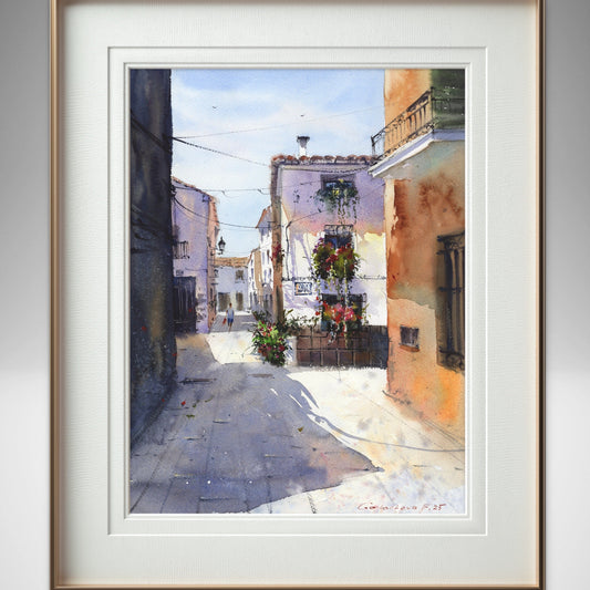 Authentic Spain Alley Watercolor Painting, Spanish Morning 12x16 in