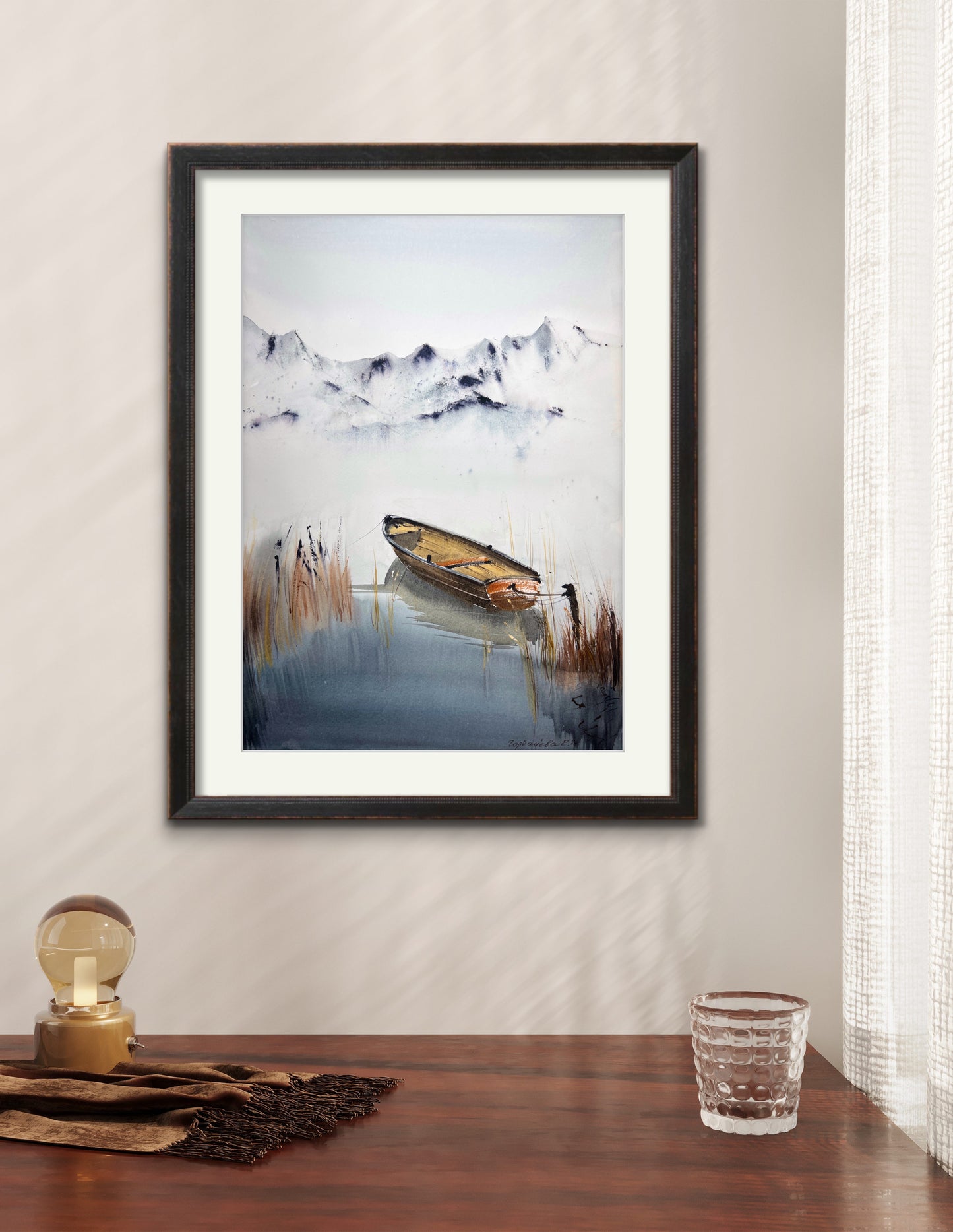 Original Watercolor Painting - 'Boat on a Mountain Lake #2' Featuring Fall Landscape & Snowy Mountains