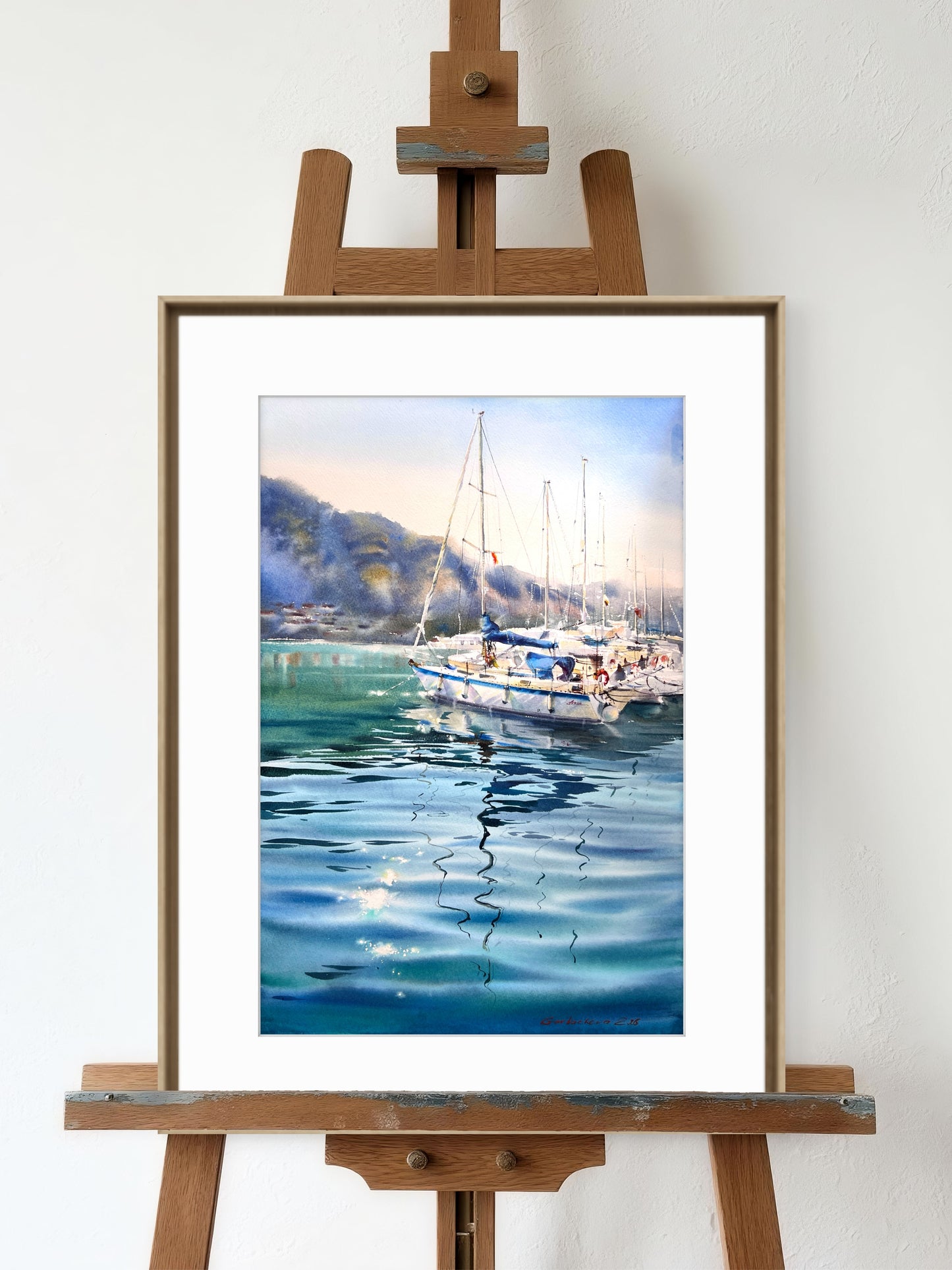 Underwater Light Watercolor, Sailboat Painting, Underwater Light 15x22