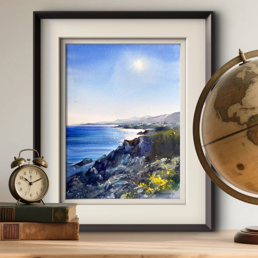 Cyprus Coastal Watercolor Painting, Mediterranean Sea Landscape, Cyprus Morning Light 9x12
