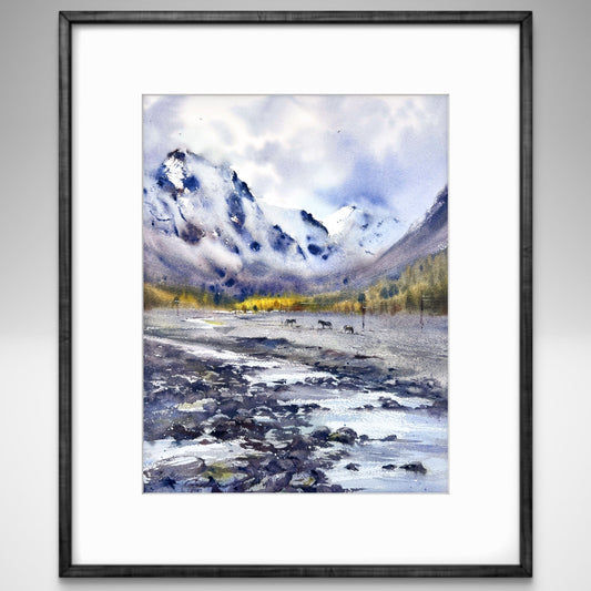 Original Watercolor Art, Snowy Mountain Landscape Painting,Where Rivers Begin 12x16