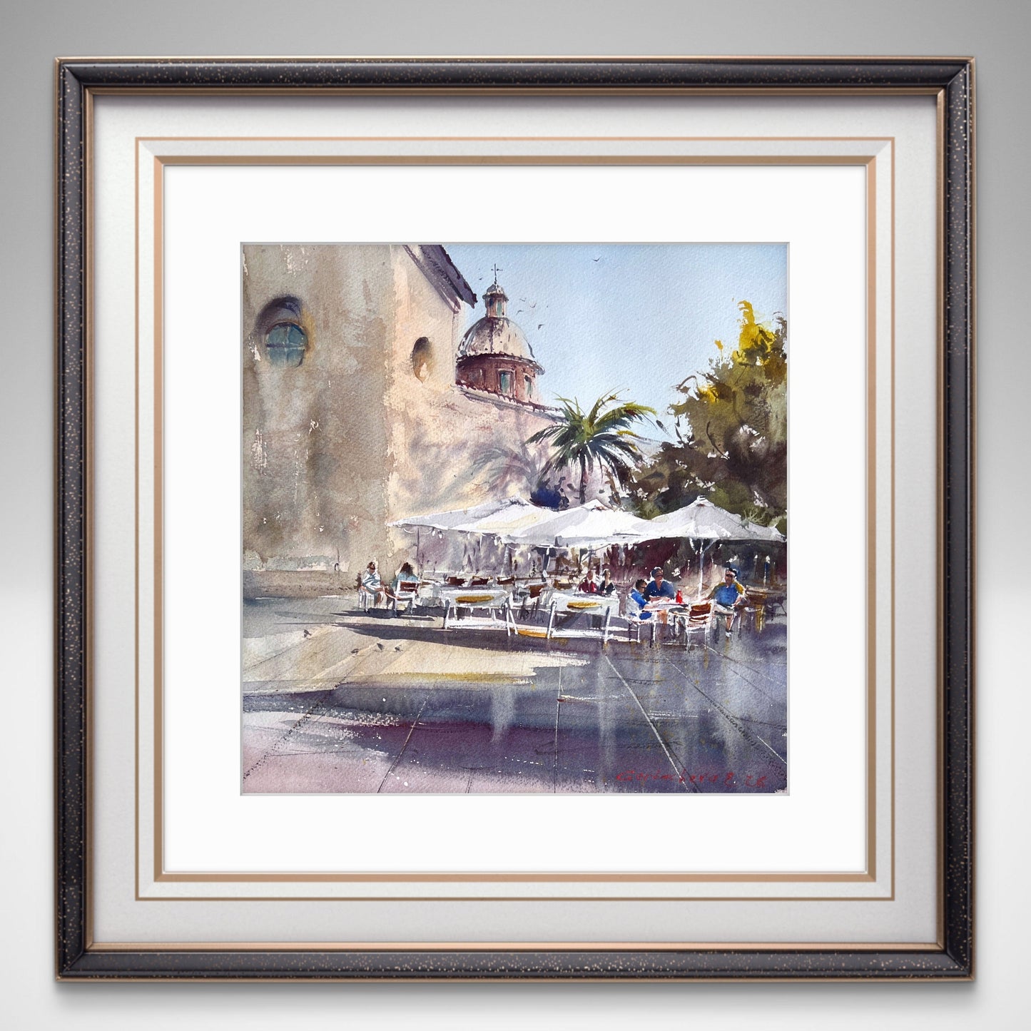 Valencia Spain Watercolor Painting, Mediterranean Cafe Wall Art, Sun Over the Plaza 15x15