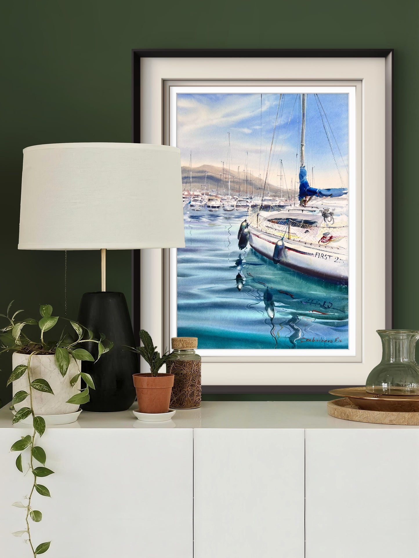 Sailboat Watercolor Painting, Coastal Marina Art, Waiting for the Wind 15x22